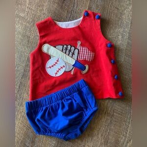 Three Sisters Children Boutique Smocked Baseball Outfit 3 month appliqué diaper